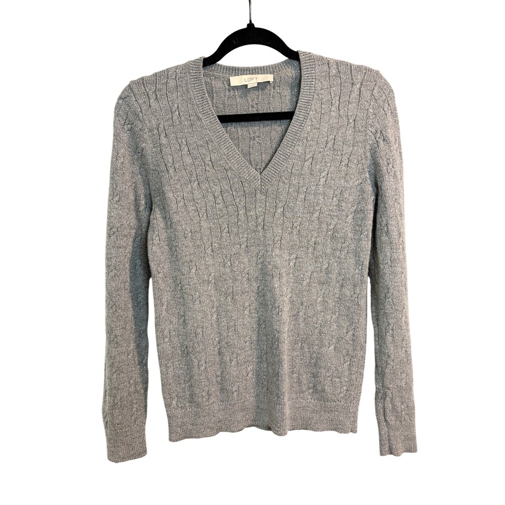 LOFT Silver Gray Cable Knit V-Neck Sweater Women Size S Metallic Shimmer Wool